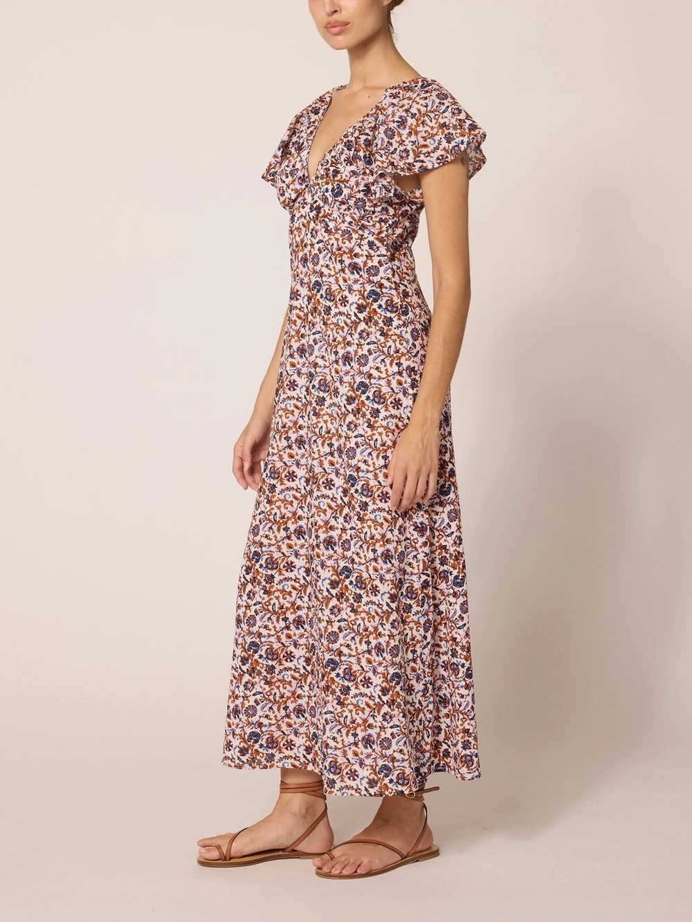 Cleobella Floral Maxi Dress in Cream, Brown & Blue size M 100% Organic Cotton